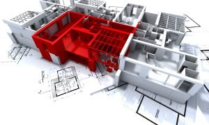 Apartment highlighted in red on a white architecture mockup on top of architect's plans